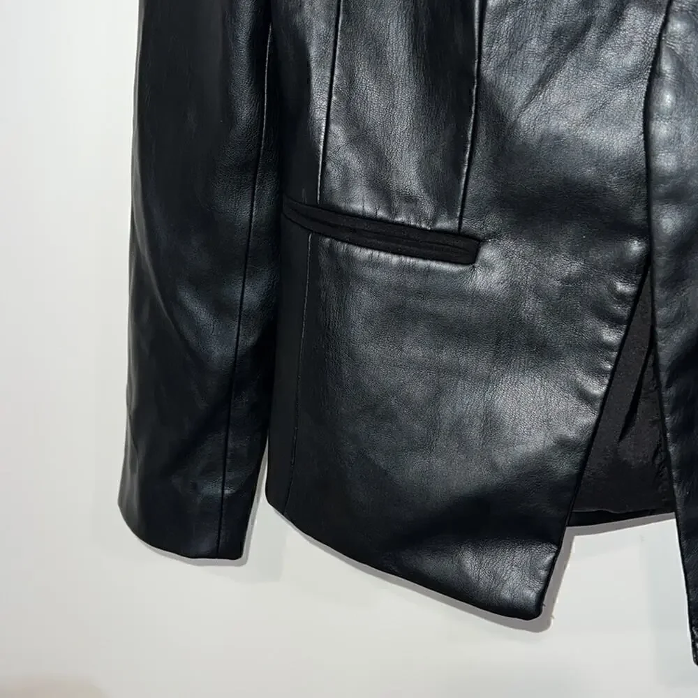 Tahari black faux leather woman’s open front jacket size 4